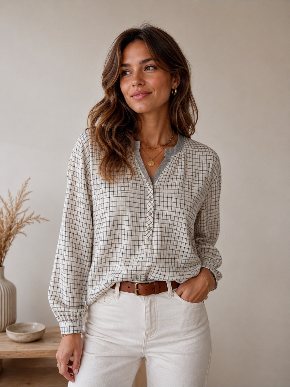 Cotélac Cream Windowpane Check Long-Sleeve Shirt cotton linen Minimal Cottage